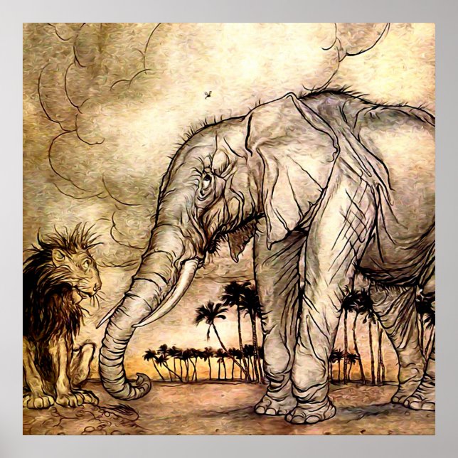 Póster “El león y el elefante” de Arthur Rackham (Frente)