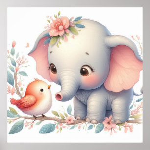 Póster El libro de cuentos Woodland bebe elefante y pájar