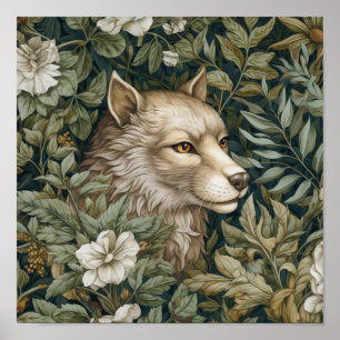 Póster El lobo Art Nouveau en las hojas
