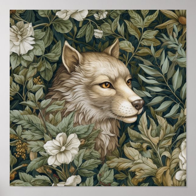 Póster El lobo Art Nouveau en las hojas (Frente)