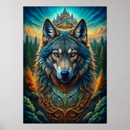 Póster El lobo majestuoso en el bosque místico
