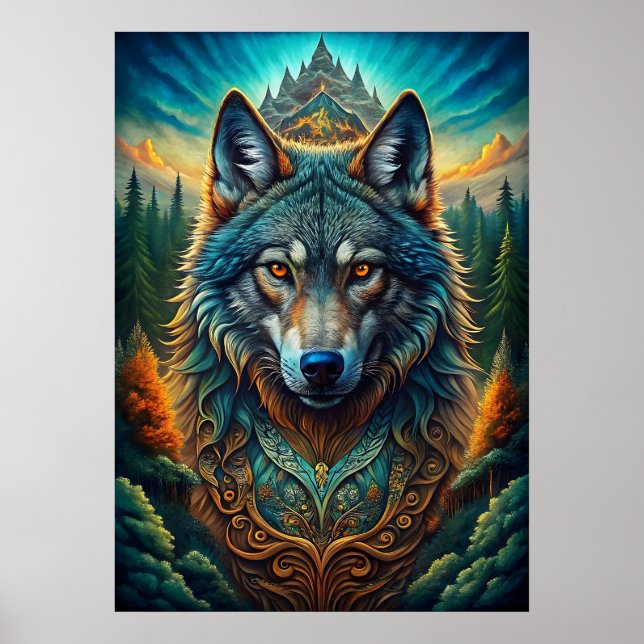 Póster El lobo majestuoso en el bosque místico (Frente)
