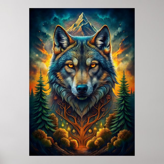 Póster El majestuoso lobo rodeado de naturaleza (Frente)