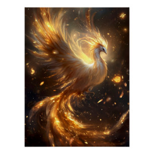 Póster El majestuoso Phoenix Rising en las llamas doradas