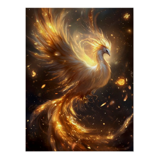 Póster El majestuoso Phoenix Rising en las llamas doradas (Anverso)
