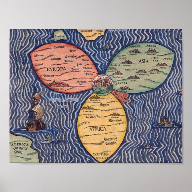 PÓSTER EL MAPA DE HOJAS DE RELOJ DE JERUSALÉN (1581) (Frente)