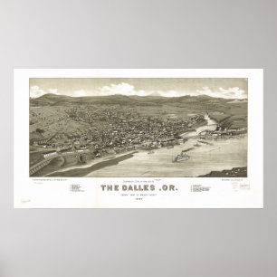 Póster El mapa panorámico antiguo de Dalles Oregon 1884