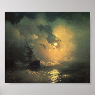 Póster El mar tormentoso en la pintura nocturna de la cap