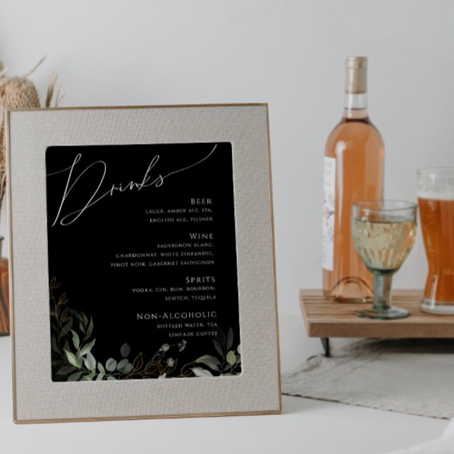 Póster El menú de bebidas del Boda negro Gold Greenery (Subido por el creador)