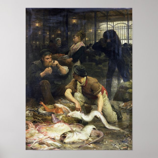 Póster El mercado de pescado en la mañana, 1880 (Frente)