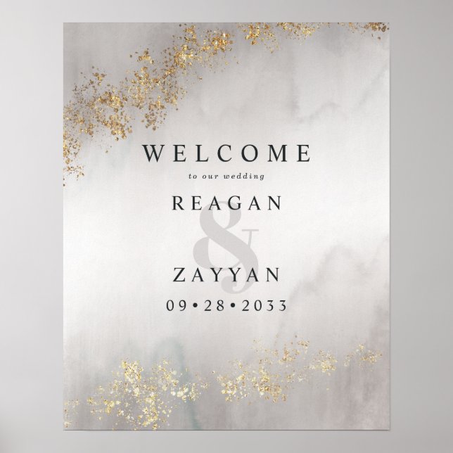 Póster El moderno Luxe Gold Da La Bienvenida Al Boda Gris (Frente)