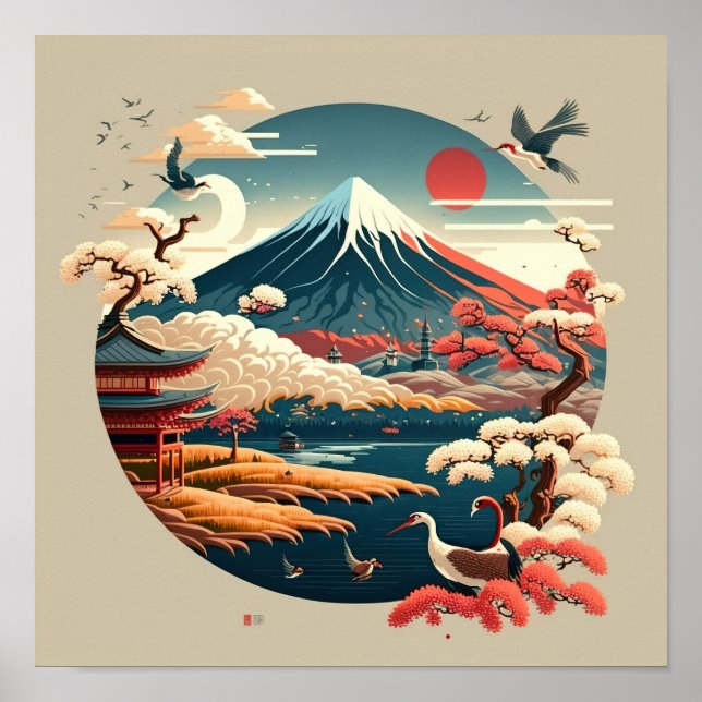 Póster El monte Fuji con el paisaje japonés de estilo vin (Frente)