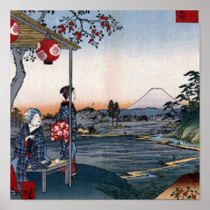 Póster El monte Fuji visto desde una casa de té. Japón de