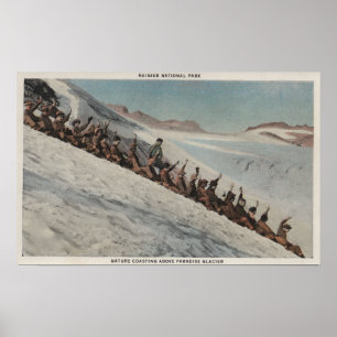 Póster El Monte Rainier, WA - línea de gente Sledding