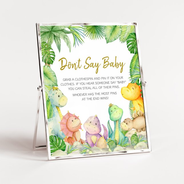 Póster El niño verde de los dinosaurios Baby Shower no di (Rawr! It's a Boy Dino Baby Shower Don't Say Baby Sign)