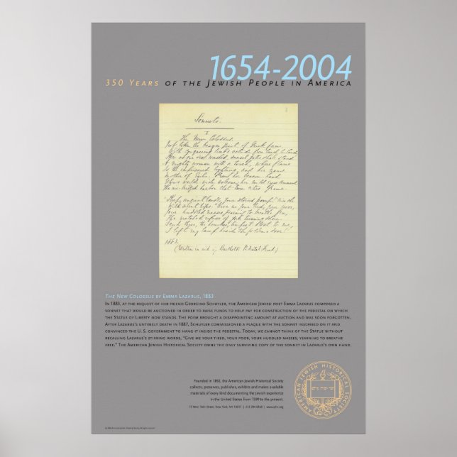 Póster El nuevo coloso de Emma Lazarus, 1883 (Frente)