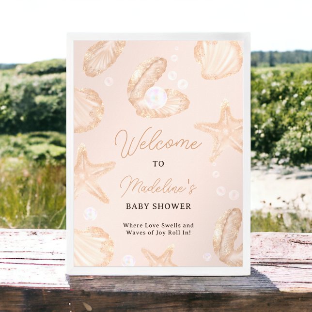 Póster El océano es bonito, la pequeña ducha de peras (Cute ocean little pearl baby shower welcome poster)