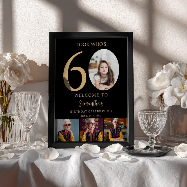 Póster El oro negro moderno 60º cumpleaños 4 Foto bienven (Modern Black gold 60th Birthday 4 Photo Welcome Poster)