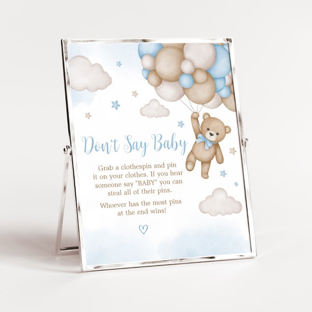 Póster El oso azul Baby Shower no dice bebé (Blue Bear Baby Shower Don't Say Baby Sign)