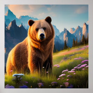 Póster El oso pardo en las montañas con flores
