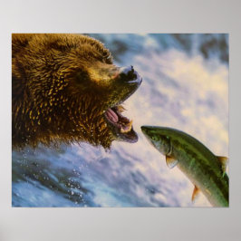 Póster El oso parduzco atrapando el Salmón cabeza de acer