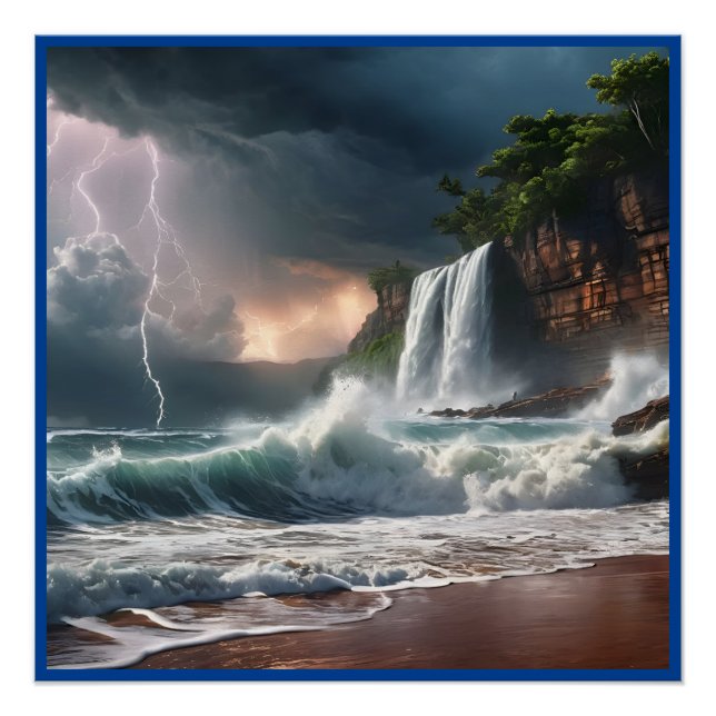 Póster El paisaje de la playa de Waves Strike Lightning (Anverso)