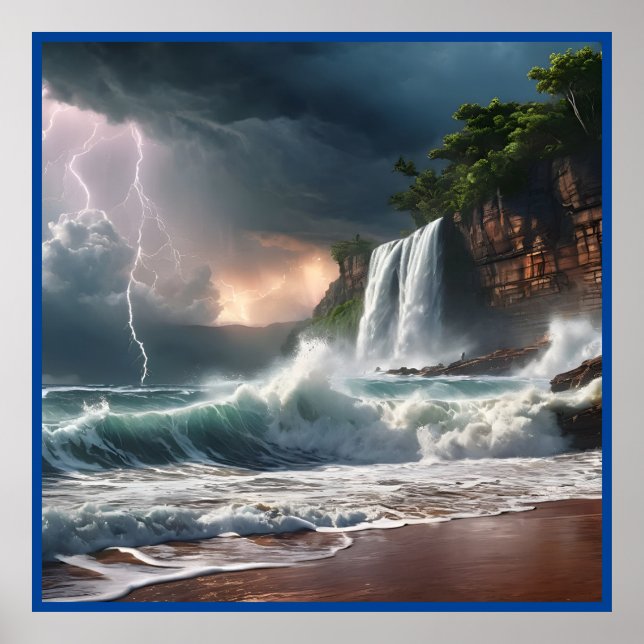 Póster El paisaje de la playa de Waves Strike Lightning (Frente)
