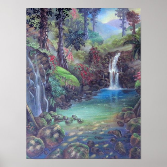 Póster El paisaje de los bosques y las cascadas del río (Frente)