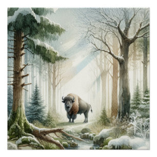Póster El paisaje invernal de Buffalo Bison Whimsical