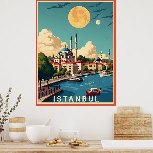 Póster El paisaje urbano de Estambul con luna llena