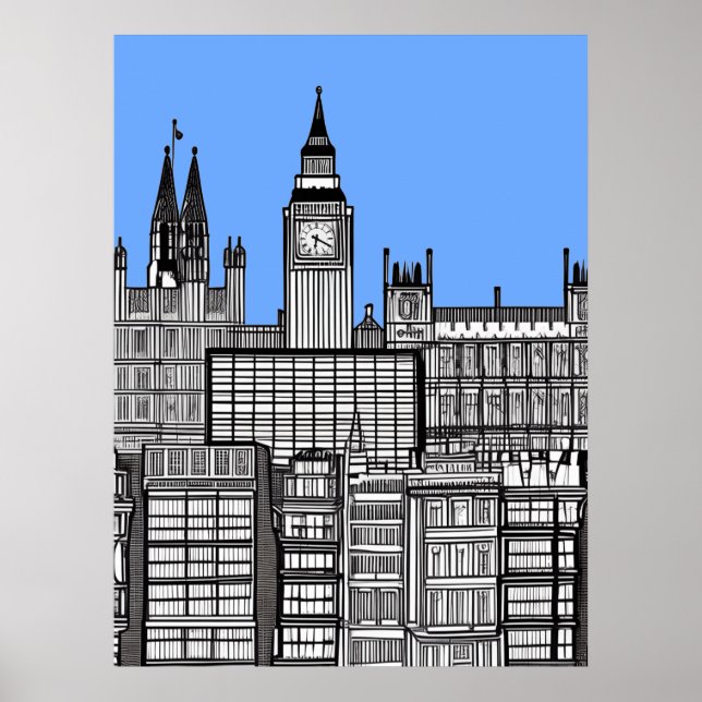 Póster El paisaje urbano de Londres en blanco y negro (Frente)