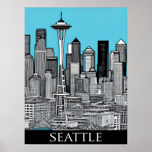 Póster El paisaje urbano de Seattle en Washington en blan