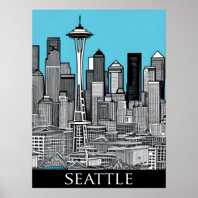 Póster El paisaje urbano de Seattle en Washington en blan (Frente)