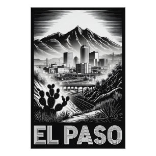 Póster El Paso Texas horizonte urbano grabado en madera b