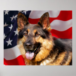 Póster El pastor alemán perro Patriota del azul rojo blan