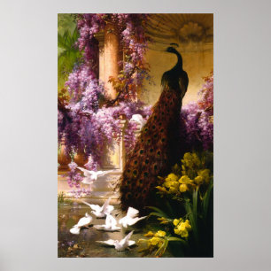 Póster El pavo real y las palomas en un jardín