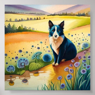 Póster El perro blanco y negro en el campo floral