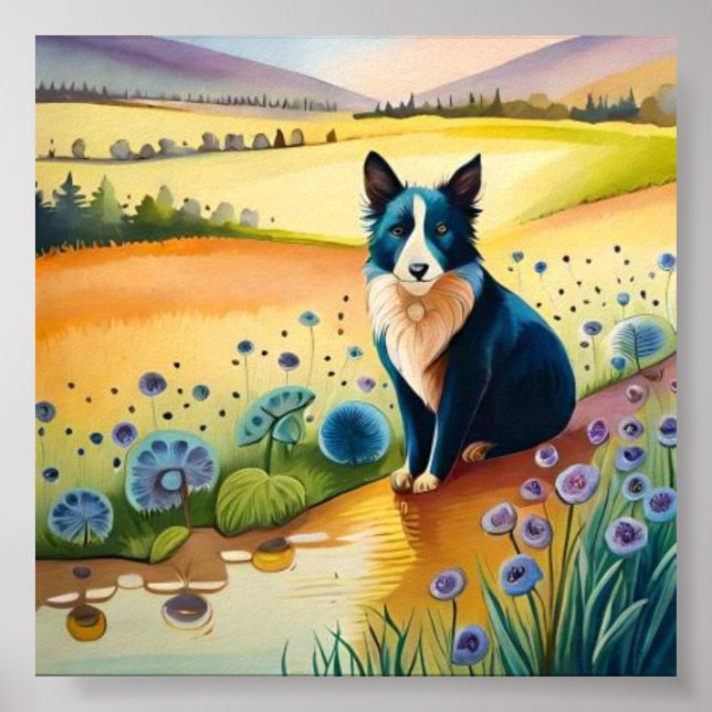 Póster El perro blanco y negro en el campo floral (Frente)