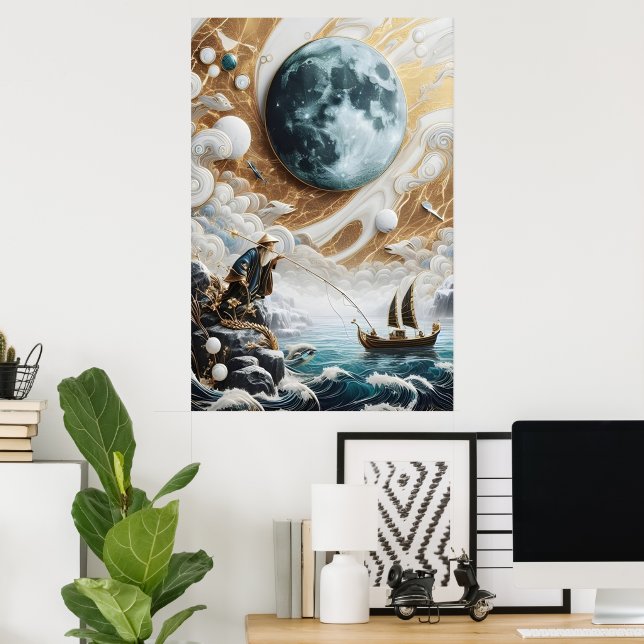 Póster El Pescador Bajo El Mar De La Luna (Oficina en casa)