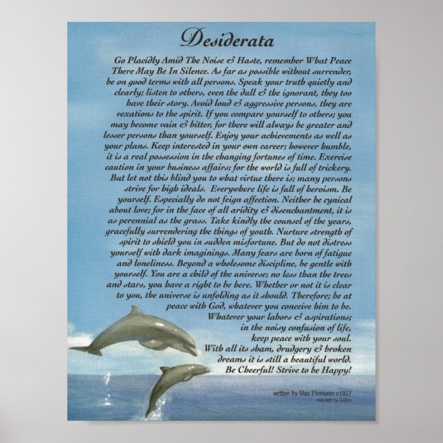 Póster El poema de Desiderata con delfines jugando (Frente)