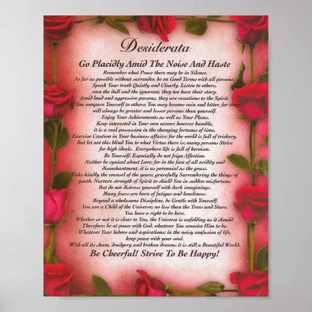 Póster El poema de Desiderata con rosas rojas para mamá (Frente)
