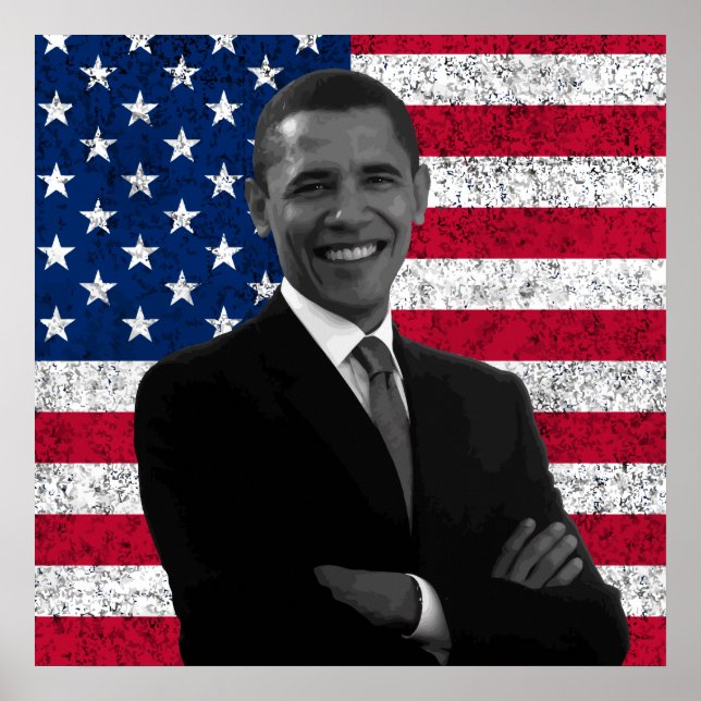 Póster El Presidente Obama y la bandera americana (Frente)