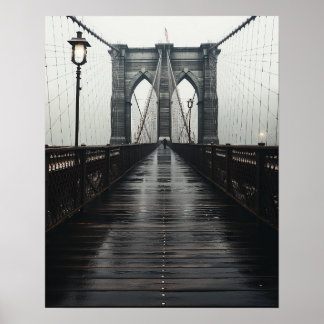 Póster El puente de Brooklyn en blanco y negro en la nieb