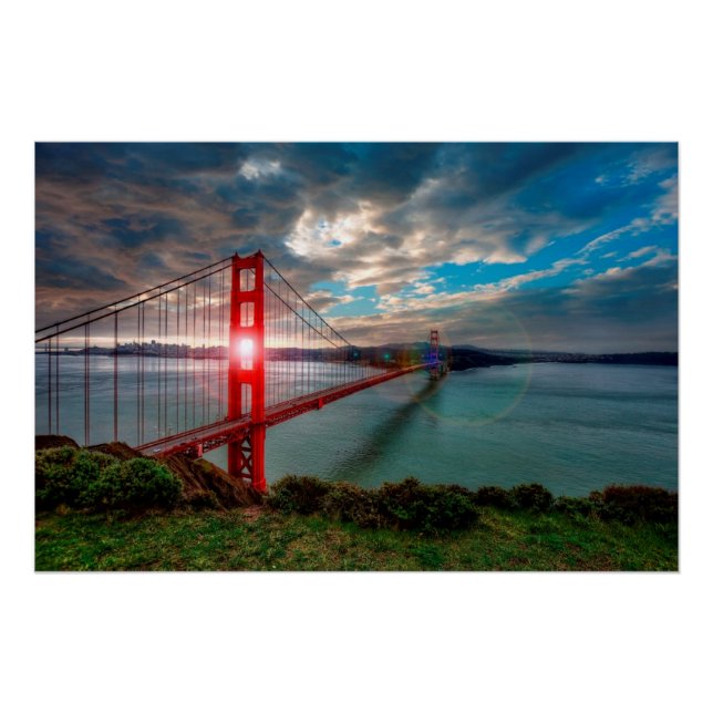 Póster El puente Golden Gate con el sol brillando. (Anverso)