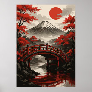 Póster El puente rojo y el paisaje japonés del Monte Fuji