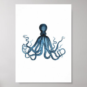 Póster El pulpo kraken la acuarela costera náutica de los