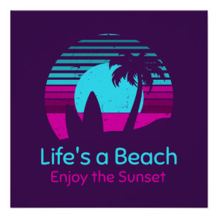 Póster El retro Sunset Surfboard Palm Tree Life es una pl