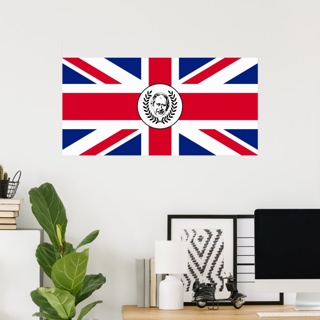 Póster El rey Carlos III sobre la bandera británica (Oficina en casa)
