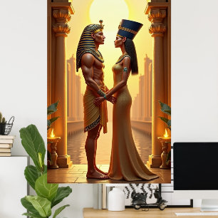Póster El rey Tutankamón y la reina Nefertiti de pie