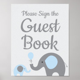 Póster El Rótulo Baby Shower Elephant Blue the Guest Book